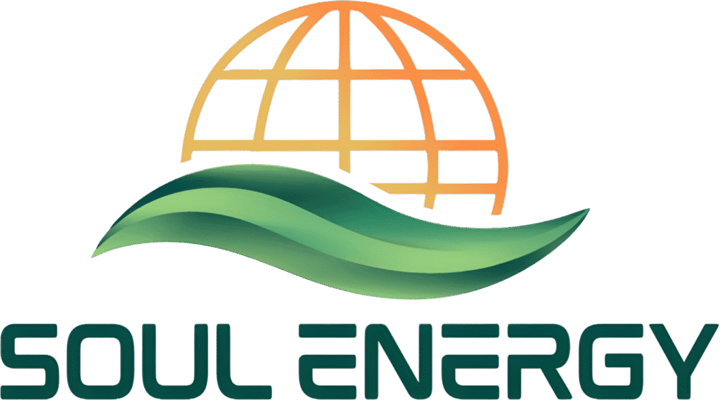 לוגו Soul Energy עם איור של גלובוס כתום, עלה ירוק מעוגל והכיתוב SOUL ENERGY