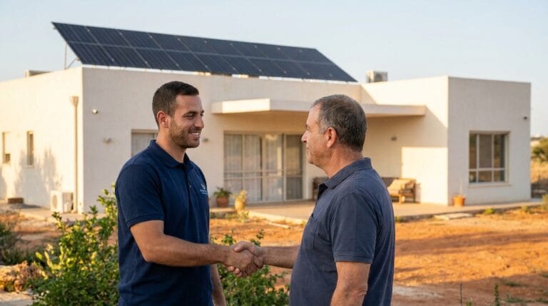 לקוח מרוצה לוחץ יד לטכנאי של Soul Energy על רקע בית עם מערכת סולארית חדשה