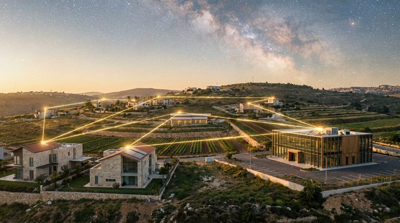 איור קונספט של רשת אנרגיה חכמה בישראל המקשרת בין בתים, חקלאות ומסחר